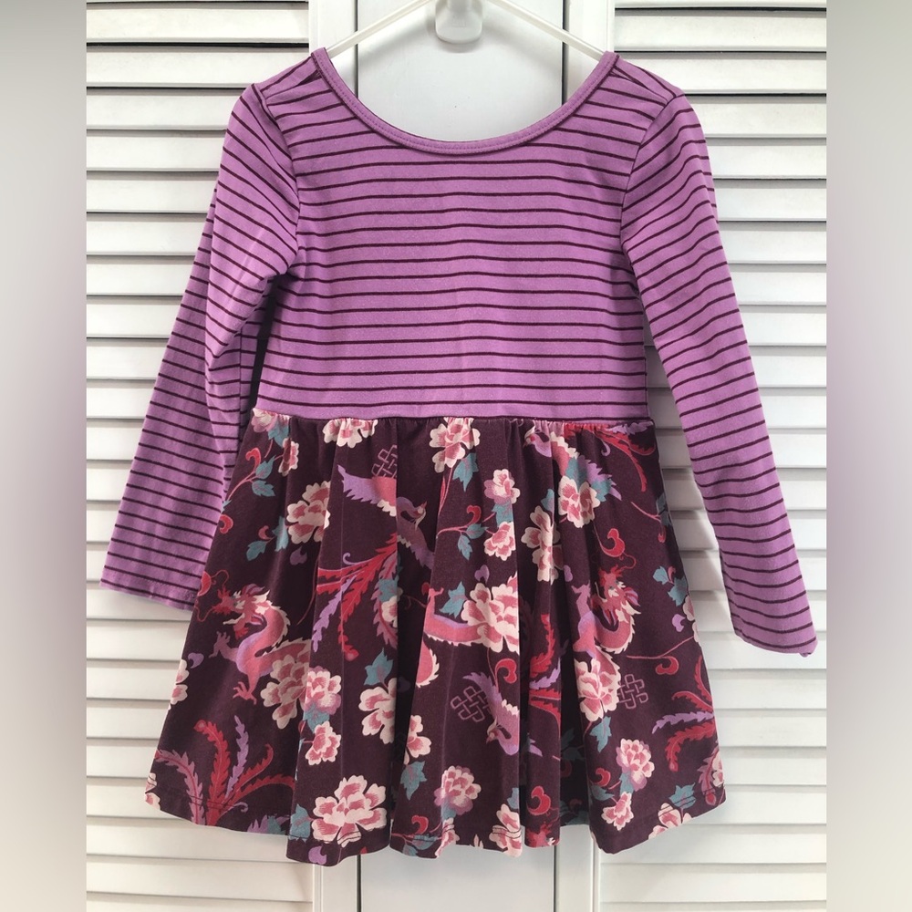 Tea collection size 3 Purple Striped & dragon Kids long sleeve Dress